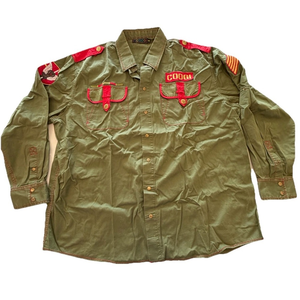 COOGI Military Shirt Jacket Mens XXXL Olive Green Utility Overshirt Embroidered